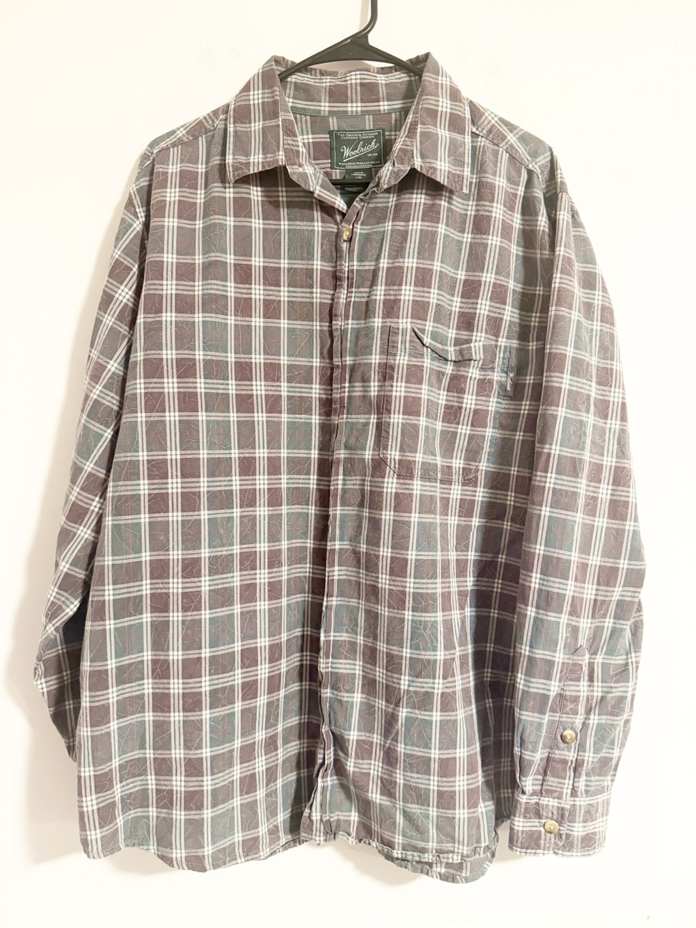 Woolrich Plaid Long Sleeve Button Down Shirt Green Grey Mens L